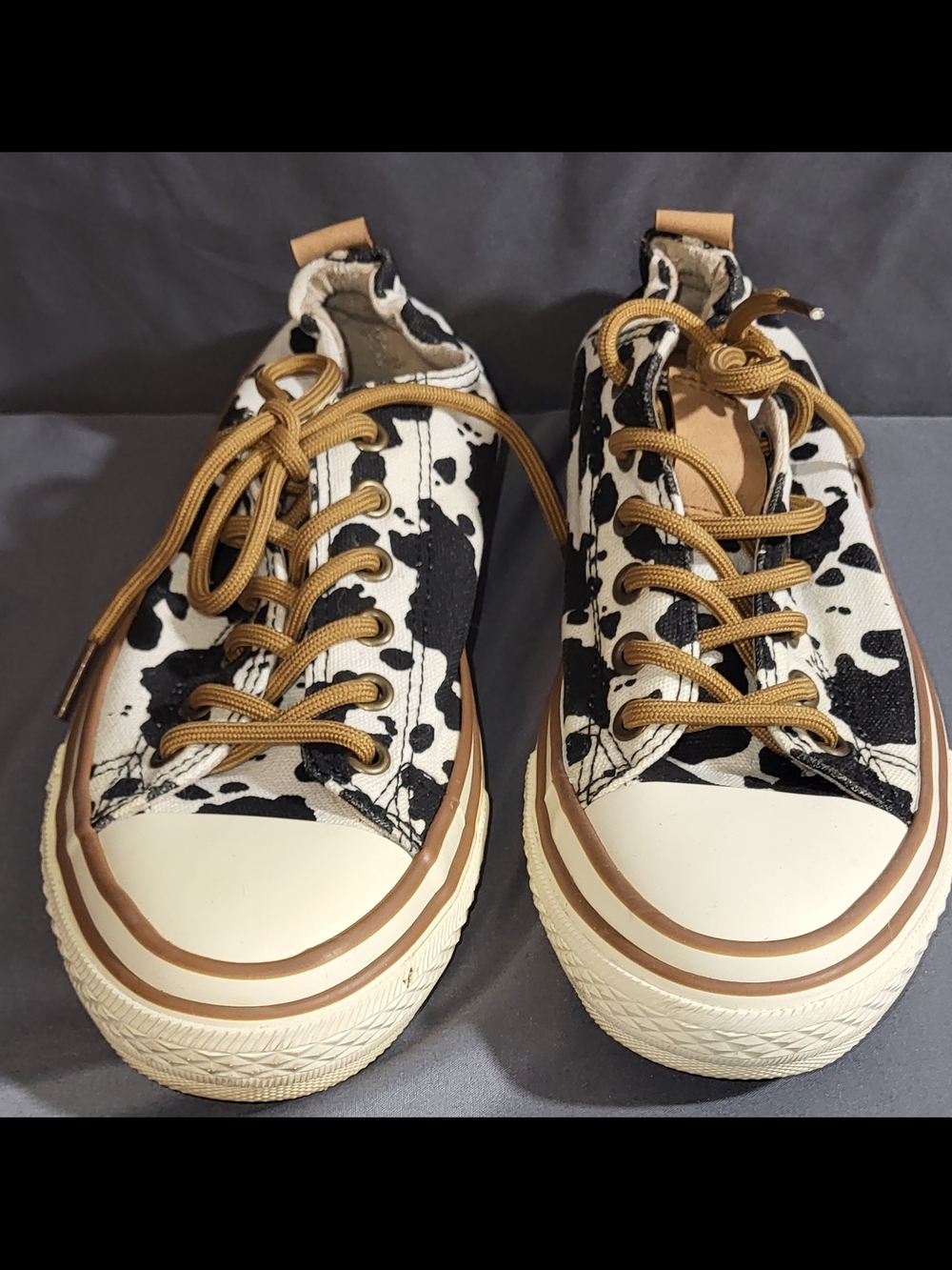 Very G Black and White Cowprint Platform Sneakers with Tan Laces